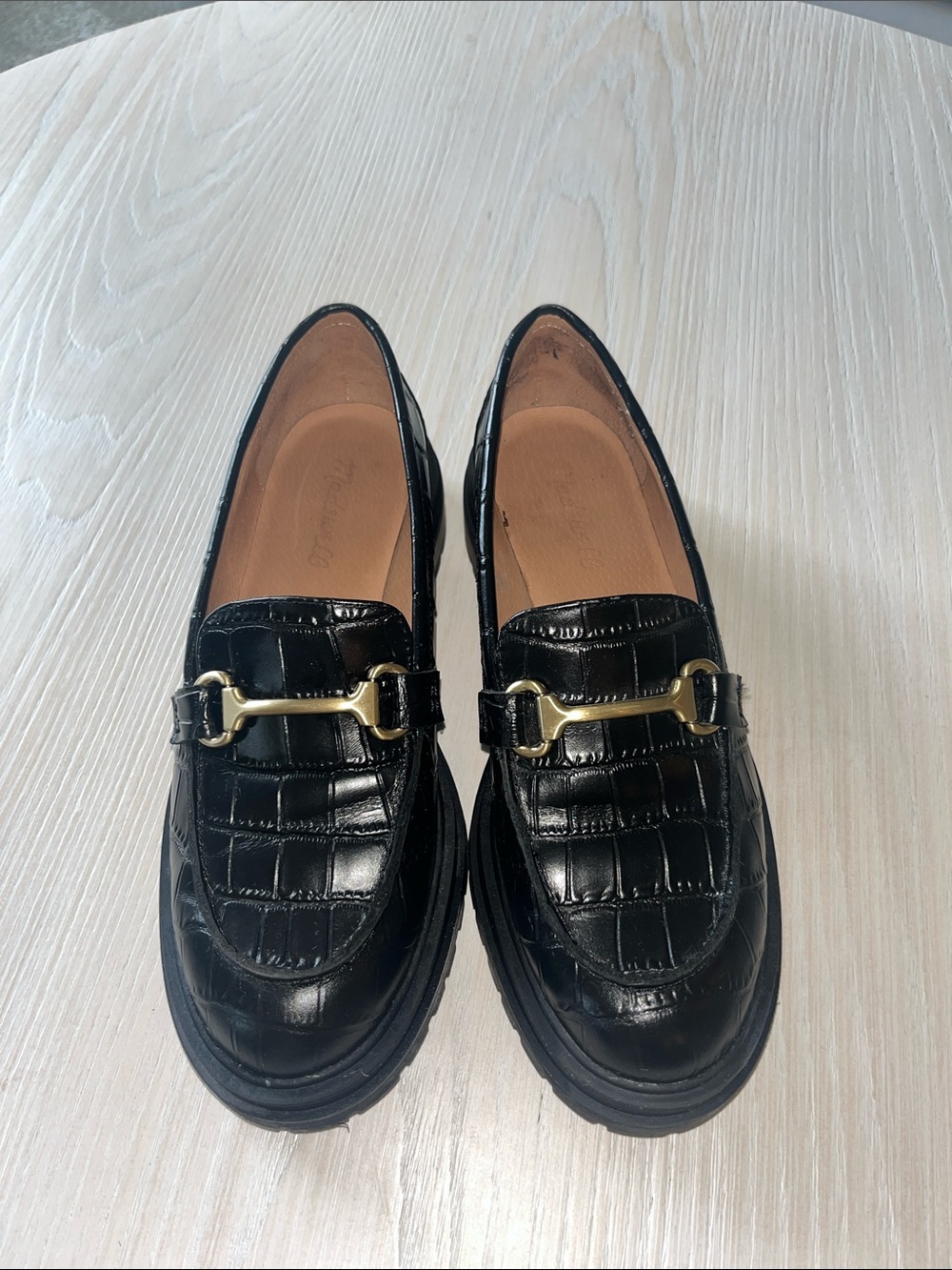 Madewell Black Croc-Embossed Loafers with Gold Bit